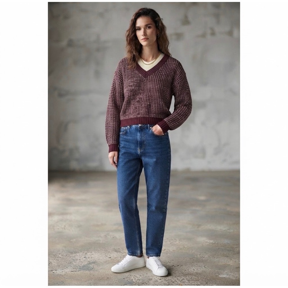 Forever 21 Sweater Womens Small Burgundy Marled Knit V-Neck Pullover NEW
